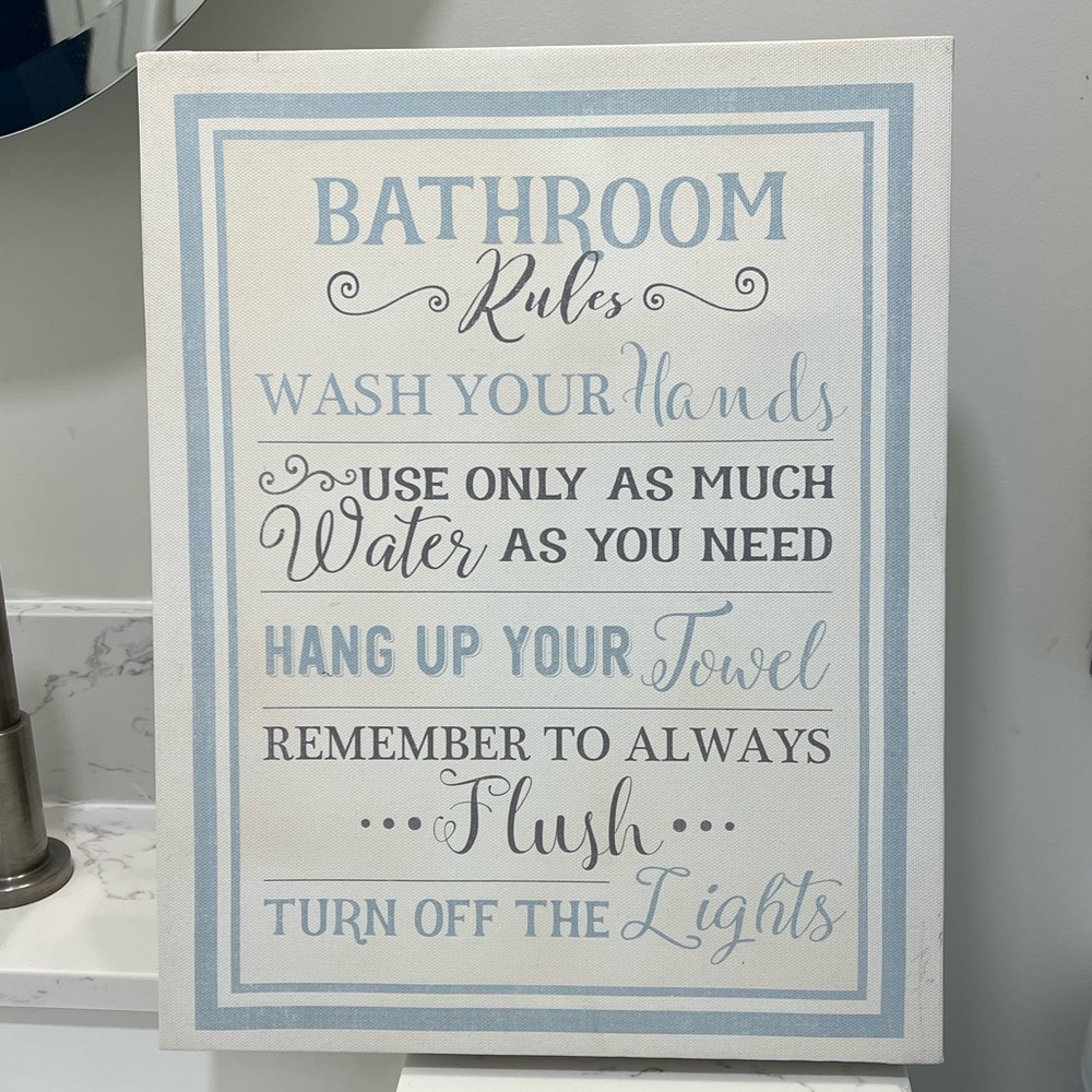 Blue and White Bathroom Rules Wall Art